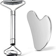 Gua Sha & Face Roller, Stainless Steel Gua Sha Facial Tools for Face, Eyes, Chin & Jawline Sculpting, Body Gua Sha Tools with Pouch
