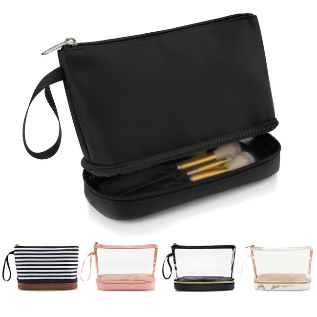 Small 2-Layer Travel Makeup Bag with Brush Holder (Black) 
