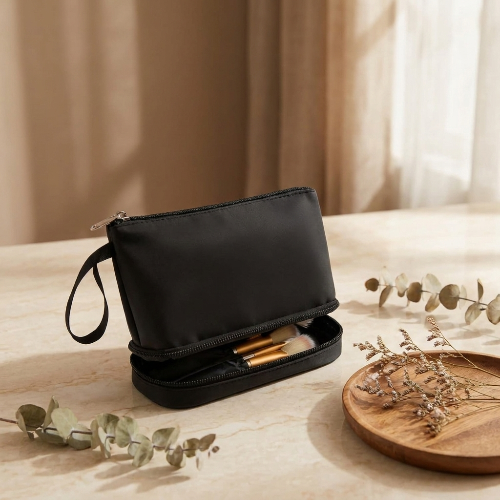 Small 2-Layer Travel Makeup Bag with Brush Holder (Black) 