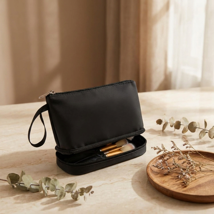 Small 2-Layer Travel Makeup Bag with Brush Holder (Black) 