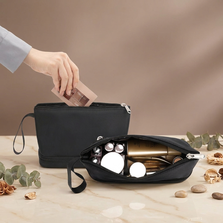 Small 2-Layer Travel Makeup Bag with Brush Holder (Black) 