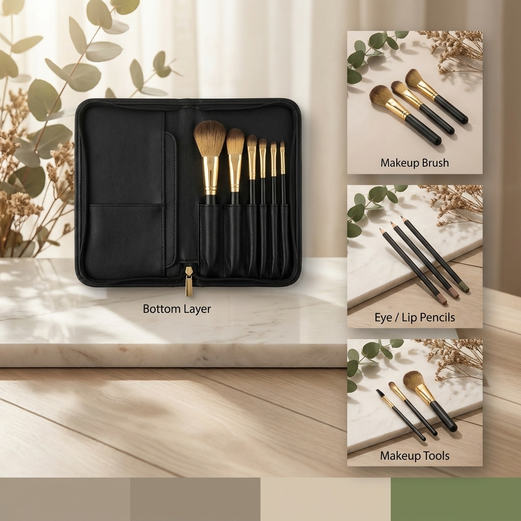 Small 2-Layer Travel Makeup Bag with Brush Holder (Black) 