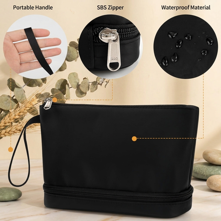 Small 2-Layer Travel Makeup Bag with Brush Holder (Black) 