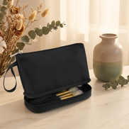 Small 2-Layer Travel Makeup Bag with Brush Holder (Black) 