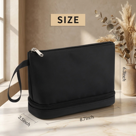 Small 2-Layer Travel Makeup Bag with Brush Holder (Black) 
