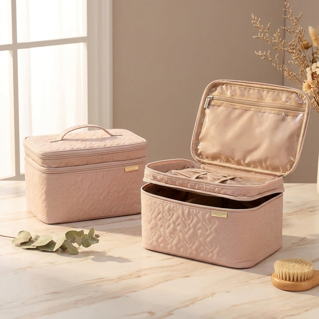 Large 2-Layer Travel Cosmetic Organizer (Pink) 
