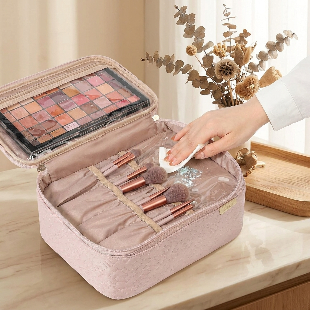 Large 2-Layer Travel Cosmetic Organizer (Pink) 