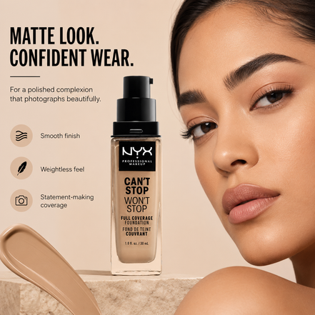 NYX PROFESSIONAL MAKEUP Can'T Stop Won'T Stop Foundation, 24H Full Coverage Matte Finish - Buff