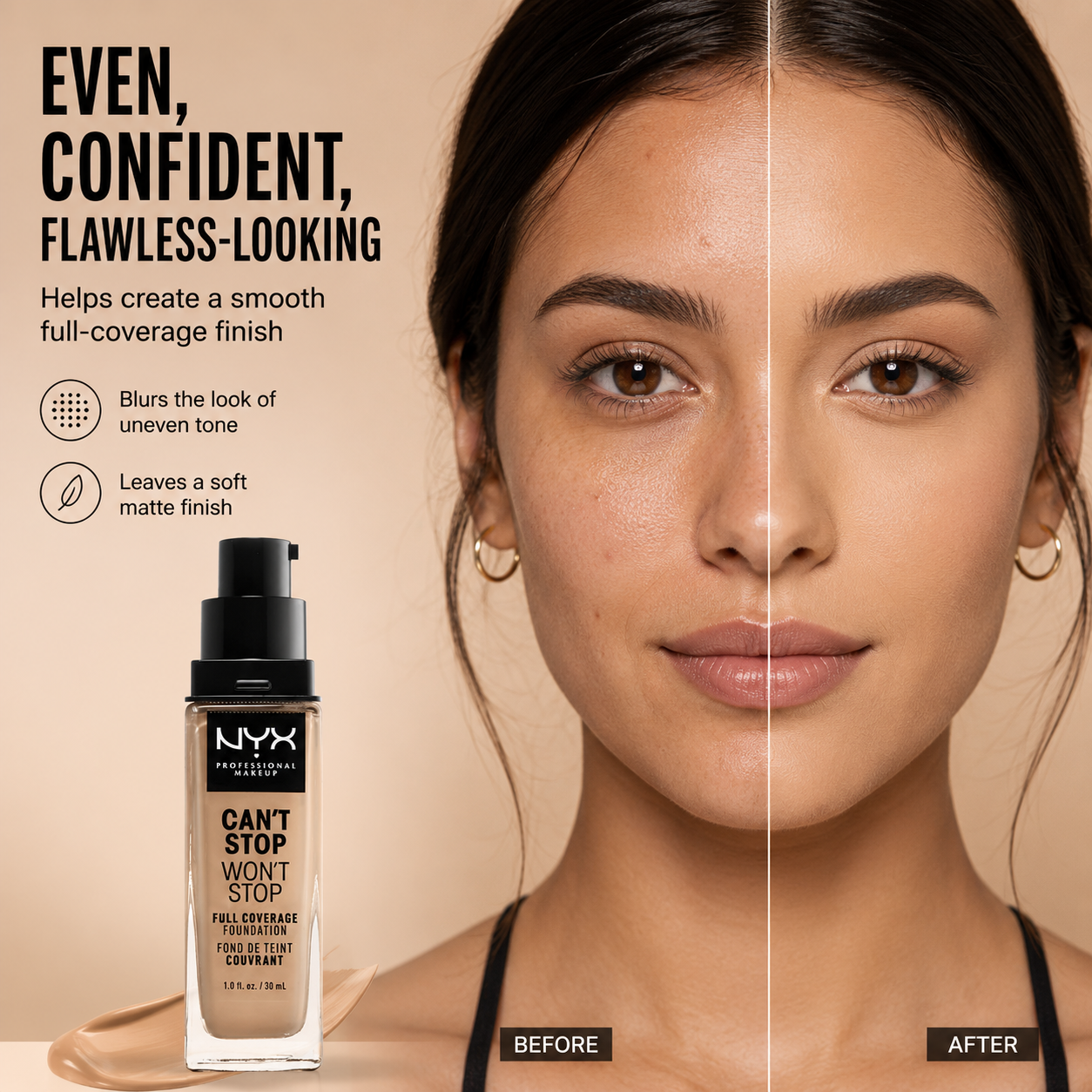 NYX PROFESSIONAL MAKEUP Can'T Stop Won'T Stop Foundation, 24H Full Coverage Matte Finish - Buff