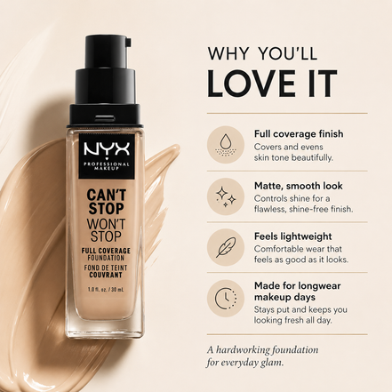 NYX PROFESSIONAL MAKEUP Can'T Stop Won'T Stop Foundation, 24H Full Coverage Matte Finish - Buff