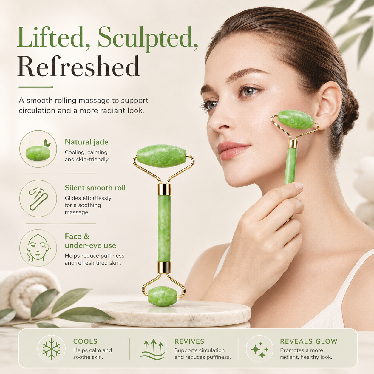 3-In-1 Natural Jade Roller and Gua Sha Set for Face and Eye Ice Roller Facial Cooling Massage Roller