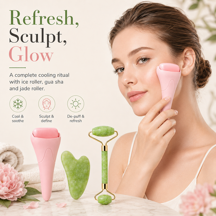 3-In-1 Natural Jade Roller and Gua Sha Set for Face and Eye Ice Roller Facial Cooling Massage Roller