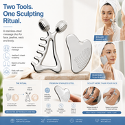 Gua Sha Facial Tools & Face Roller Set, Stainless Steel Facial Massager Tools for Lymphatic Drainage & Face Sculpting, Textured Guasha for Better Grip, Double Chin Reducer, Skincare Gift for Women
