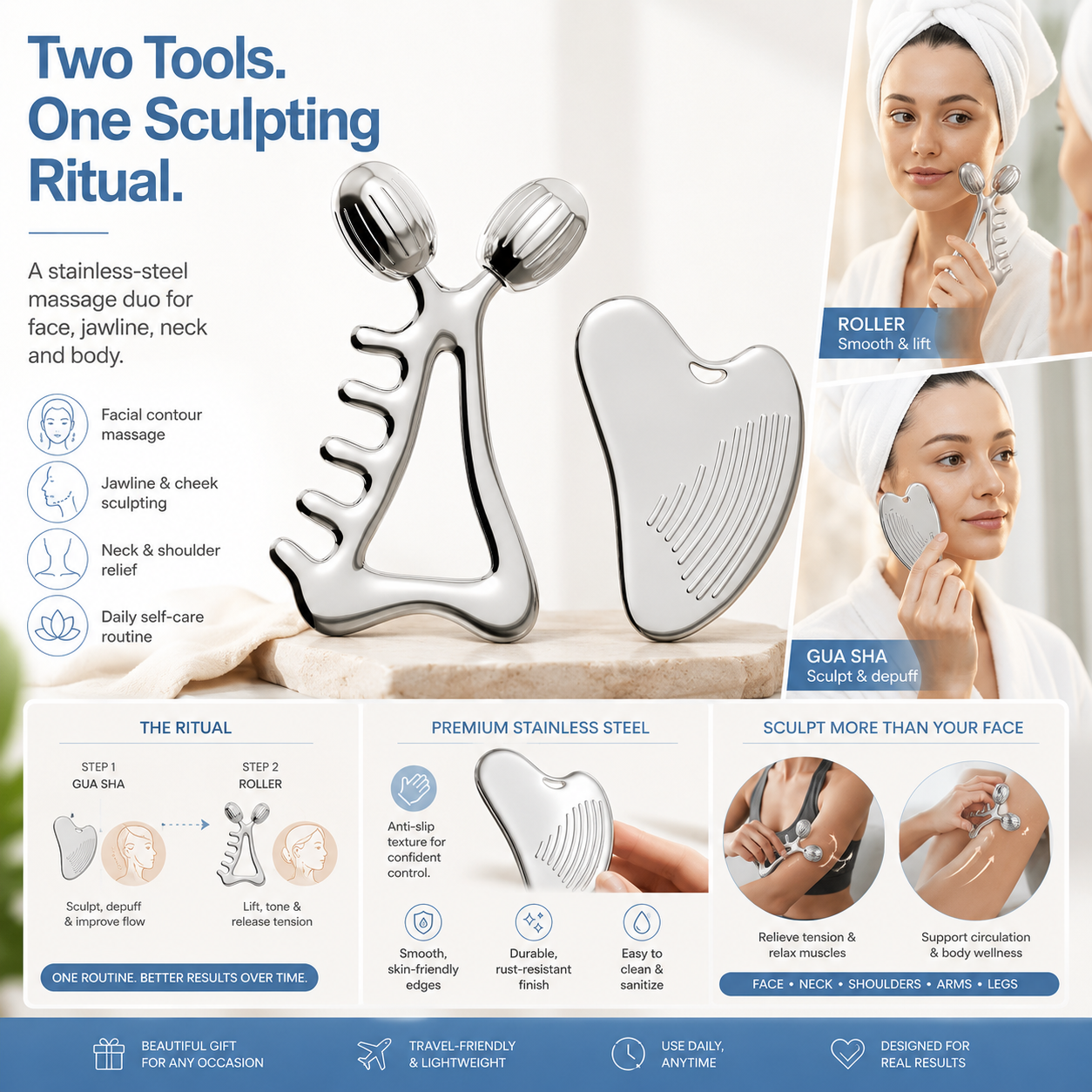 Gua Sha Facial Tools & Face Roller Set, Stainless Steel Facial Massager Tools for Lymphatic Drainage & Face Sculpting, Textured Guasha for Better Grip, Double Chin Reducer, Skincare Gift for Women
