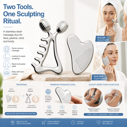 Gua Sha Facial Tools & Face Roller Set, Stainless Steel Facial Massager Tools for Lymphatic Drainage & Face Sculpting, Textured Guasha for Better Grip, Double Chin Reducer, Skincare Gift for Women