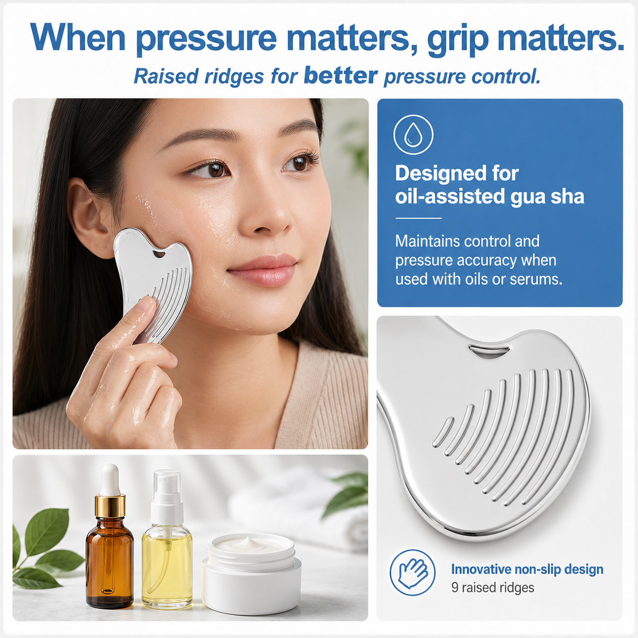 Gua Sha Facial Tools & Face Roller Set, Stainless Steel Facial Massager Tools for Lymphatic Drainage & Face Sculpting, Textured Guasha for Better Grip, Double Chin Reducer, Skincare Gift for Women