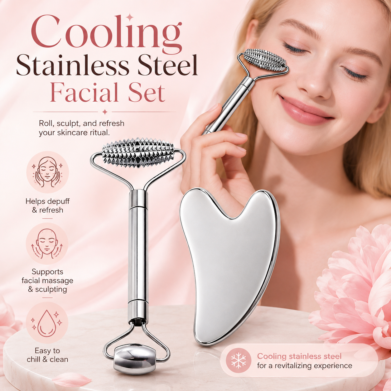 Gua Sha & Face Roller, Stainless Steel Gua Sha Facial Tools for Face, Eyes, Chin & Jawline Sculpting, Body Gua Sha Tools with Pouch