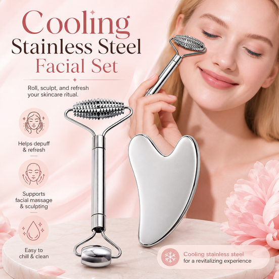 Gua Sha & Face Roller, Stainless Steel Gua Sha Facial Tools for Face, Eyes, Chin & Jawline Sculpting, Body Gua Sha Tools with Pouch