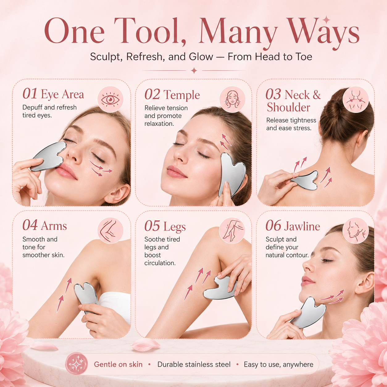 Gua Sha & Face Roller, Stainless Steel Gua Sha Facial Tools for Face, Eyes, Chin & Jawline Sculpting, Body Gua Sha Tools with Pouch