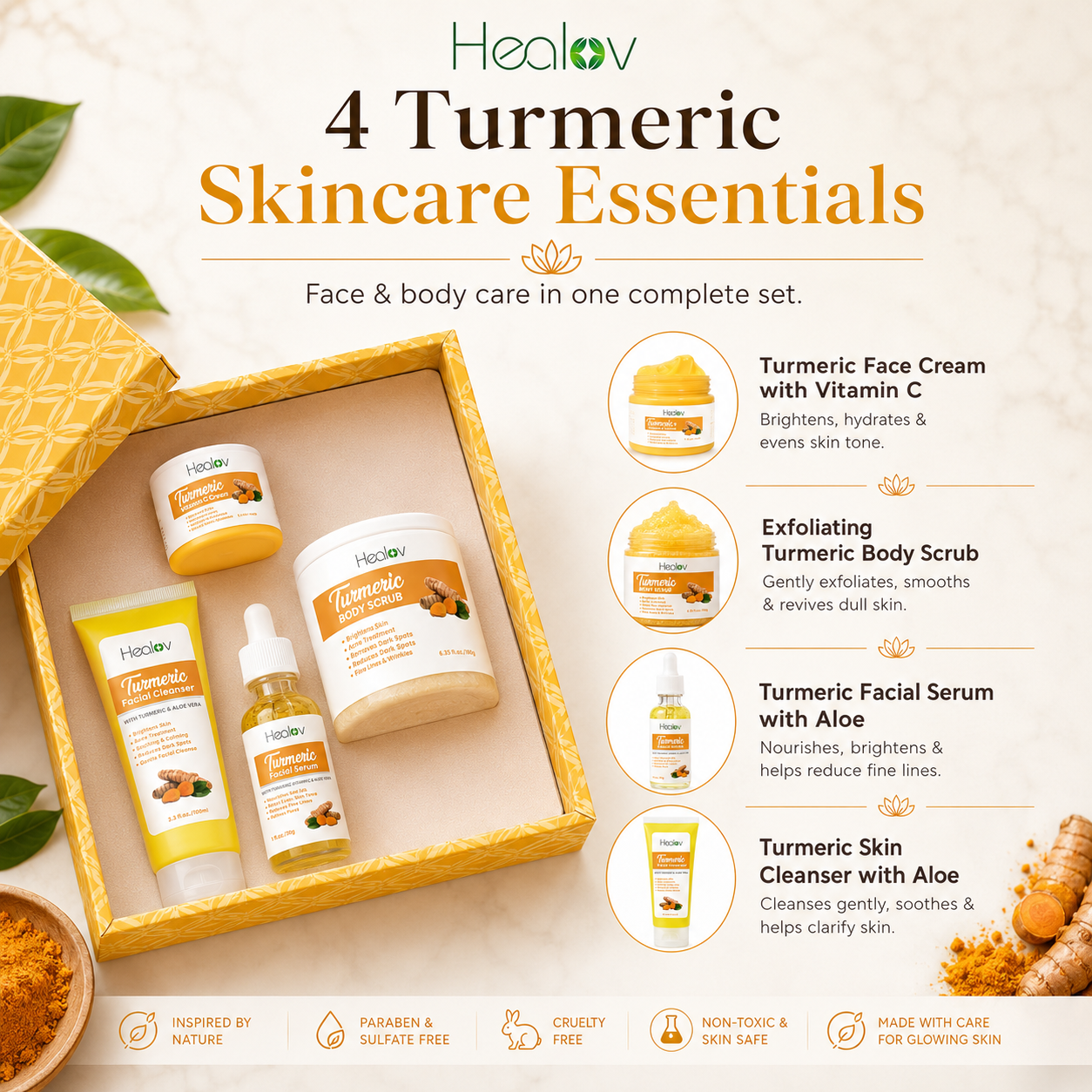Turmeric Skincare Set – Turmeric Face Cleanser, Body Scrub, Cream & Facial Serum – Skin Brightening Hyperpigmentation Treatment, Dark Spot Corrector – Skincare Kit for a Glowing Complexion
