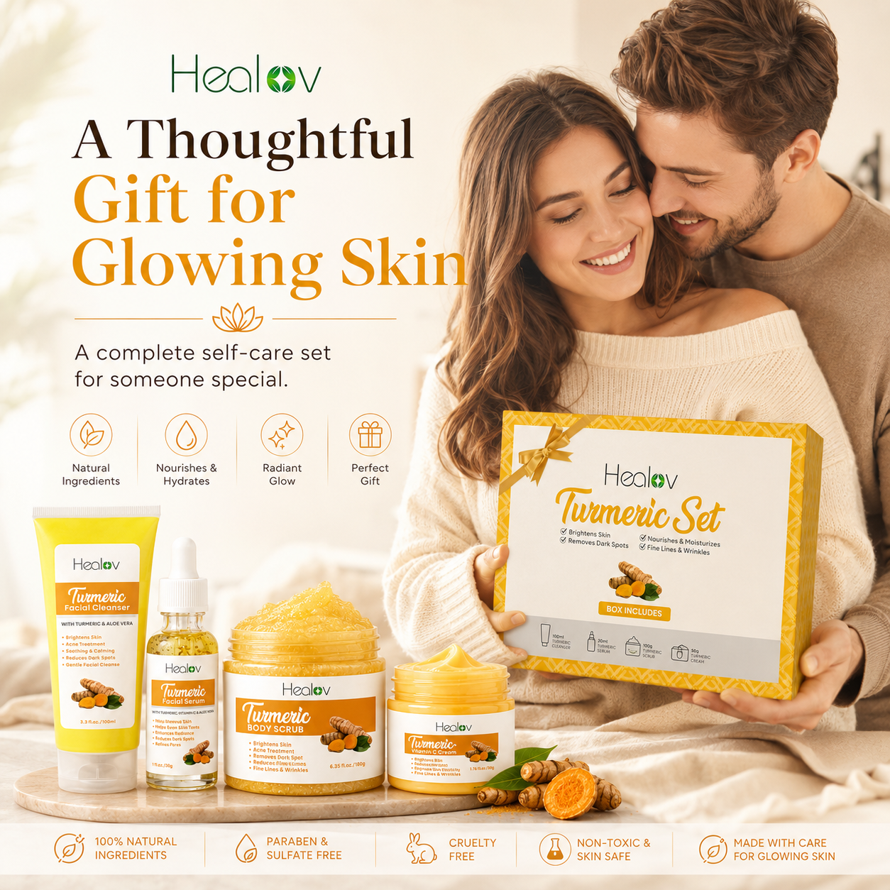 Turmeric Skincare Set – Turmeric Face Cleanser, Body Scrub, Cream & Facial Serum – Skin Brightening Hyperpigmentation Treatment, Dark Spot Corrector – Skincare Kit for a Glowing Complexion