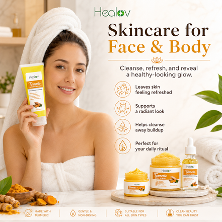 Turmeric Skincare Set – Turmeric Face Cleanser, Body Scrub, Cream & Facial Serum – Skin Brightening Hyperpigmentation Treatment, Dark Spot Corrector – Skincare Kit for a Glowing Complexion