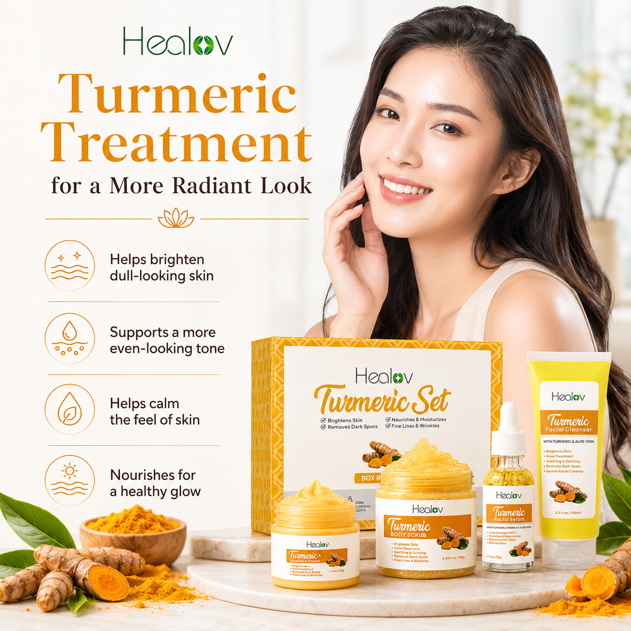 Turmeric Skincare Set – Turmeric Face Cleanser, Body Scrub, Cream & Facial Serum – Skin Brightening Hyperpigmentation Treatment, Dark Spot Corrector – Skincare Kit for a Glowing Complexion