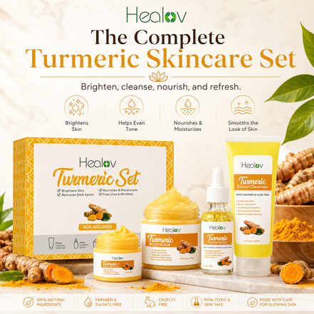 Turmeric Skincare Set – Turmeric Face Cleanser, Body Scrub, Cream & Facial Serum – Skin Brightening Hyperpigmentation Treatment, Dark Spot Corrector – Skincare Kit for a Glowing Complexion